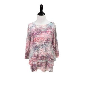 One World Women's L Large Top Chiffon Overlay Rhinestones Poncho Sleeves Layered